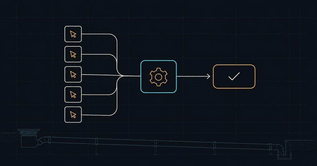 Diagrama em linhas de cinco tarefas manuais repetidas convergindo para uma ferramenta de automação e resultando em uma única tarefa concluída.