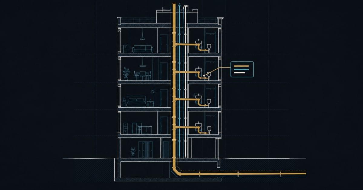 Corte esquemático em linhas de um edifício residencial com tubulação de esgoto em destaque ligada a um painel de dados, e o contorno tracejado da mesma tubulação como executada.