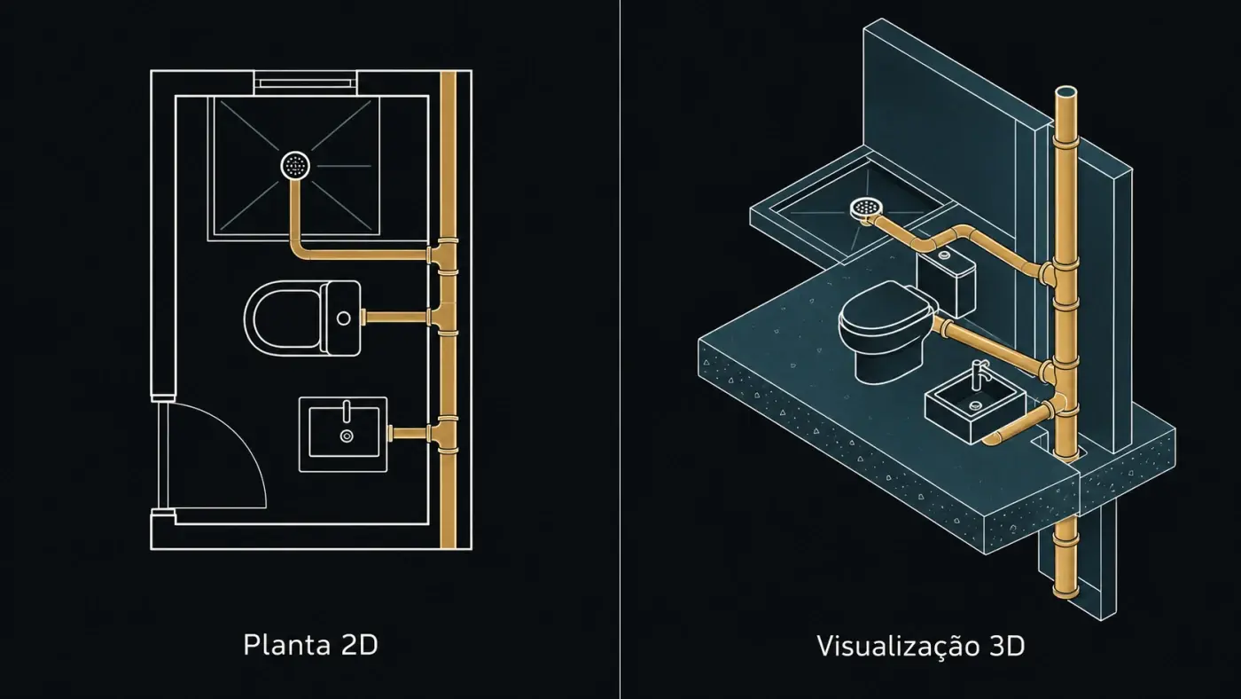 Comparação entre planta bidimensional e visualização tridimensional do percurso de uma tubulação