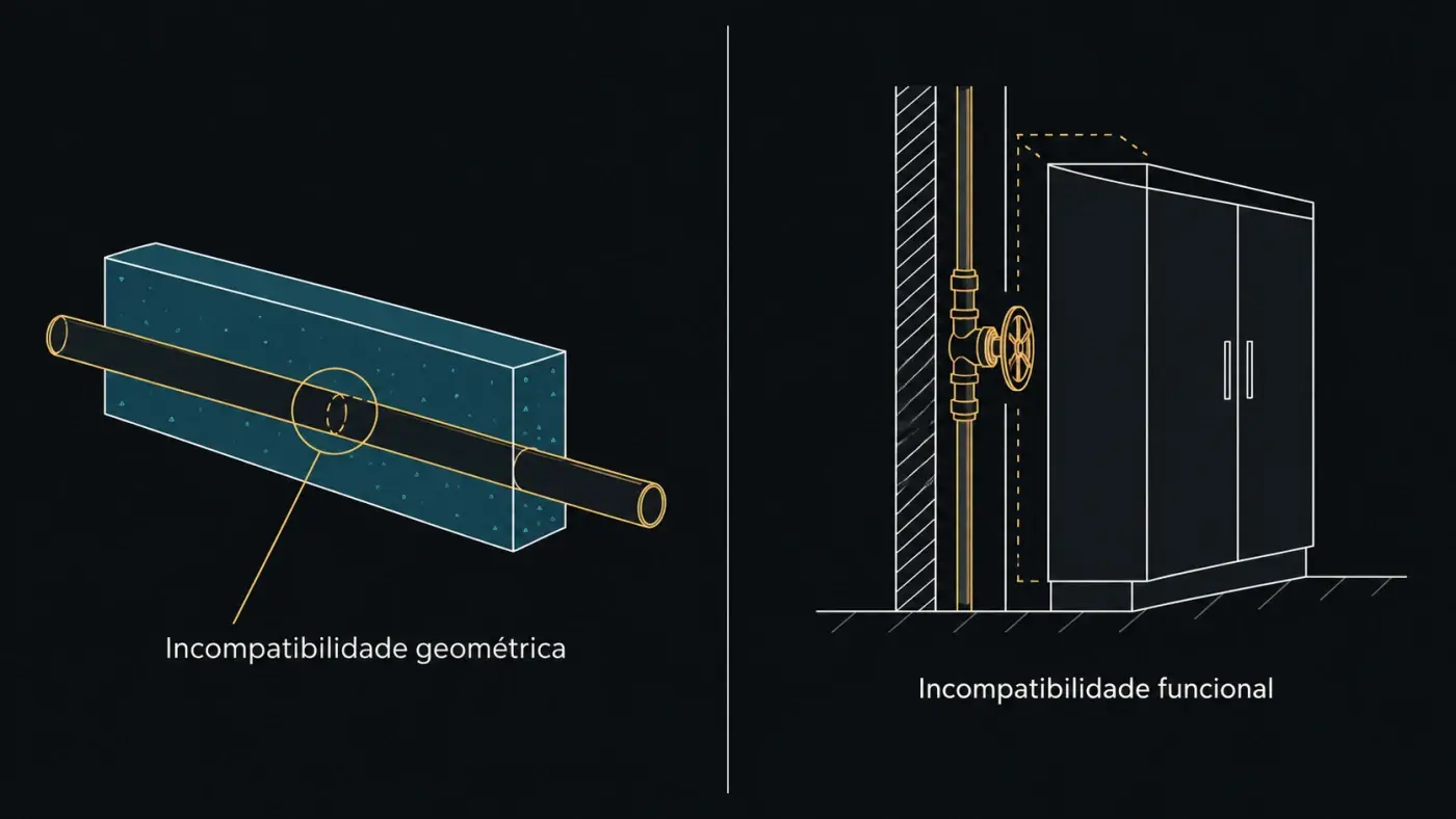 Ilustração de incompatibilidade geométrica e funcional entre estrutura e instalações